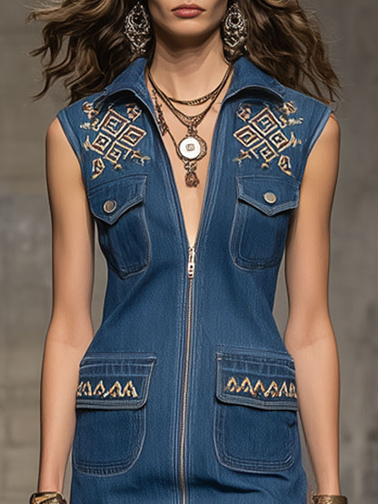 Vintage Embroidered Blue Denim Zip-up Sleeveless Mini Dress
