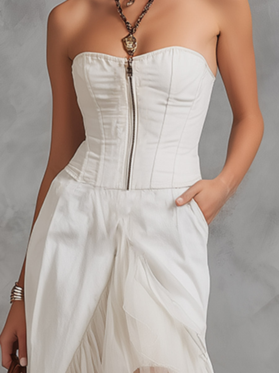Vintage-Elegant Tulle-Trimmed White Off-the-Shoulder Maxi Dress