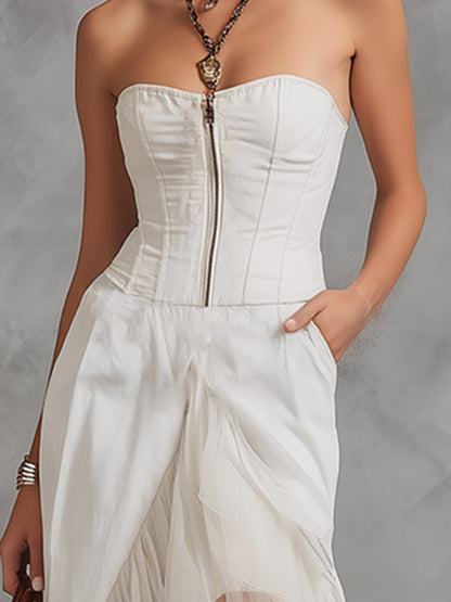 Vintage-Elegant Tulle-Trimmed White Off-the-Shoulder Maxi Dress