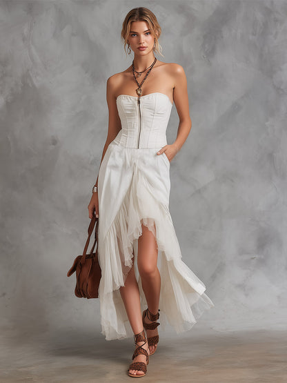 Vintage-Elegant Tulle-Trimmed White Off-the-Shoulder Maxi Dress