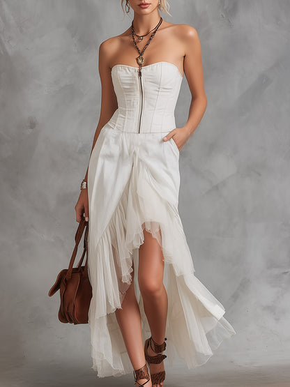 Vintage-Elegant Tulle-Trimmed White Off-the-Shoulder Maxi Dress