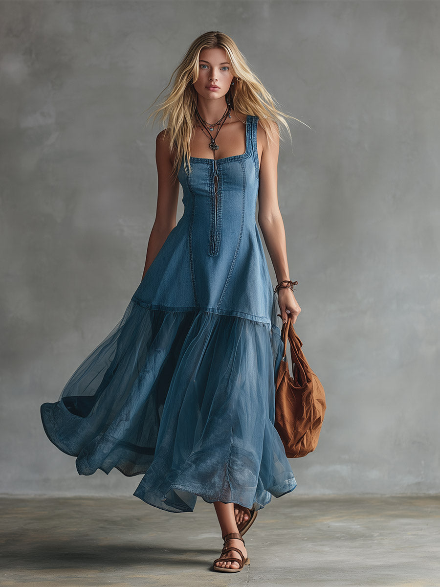 Vintage-Elegant Blue Denim And Tulle Patchwork Maxi Dress