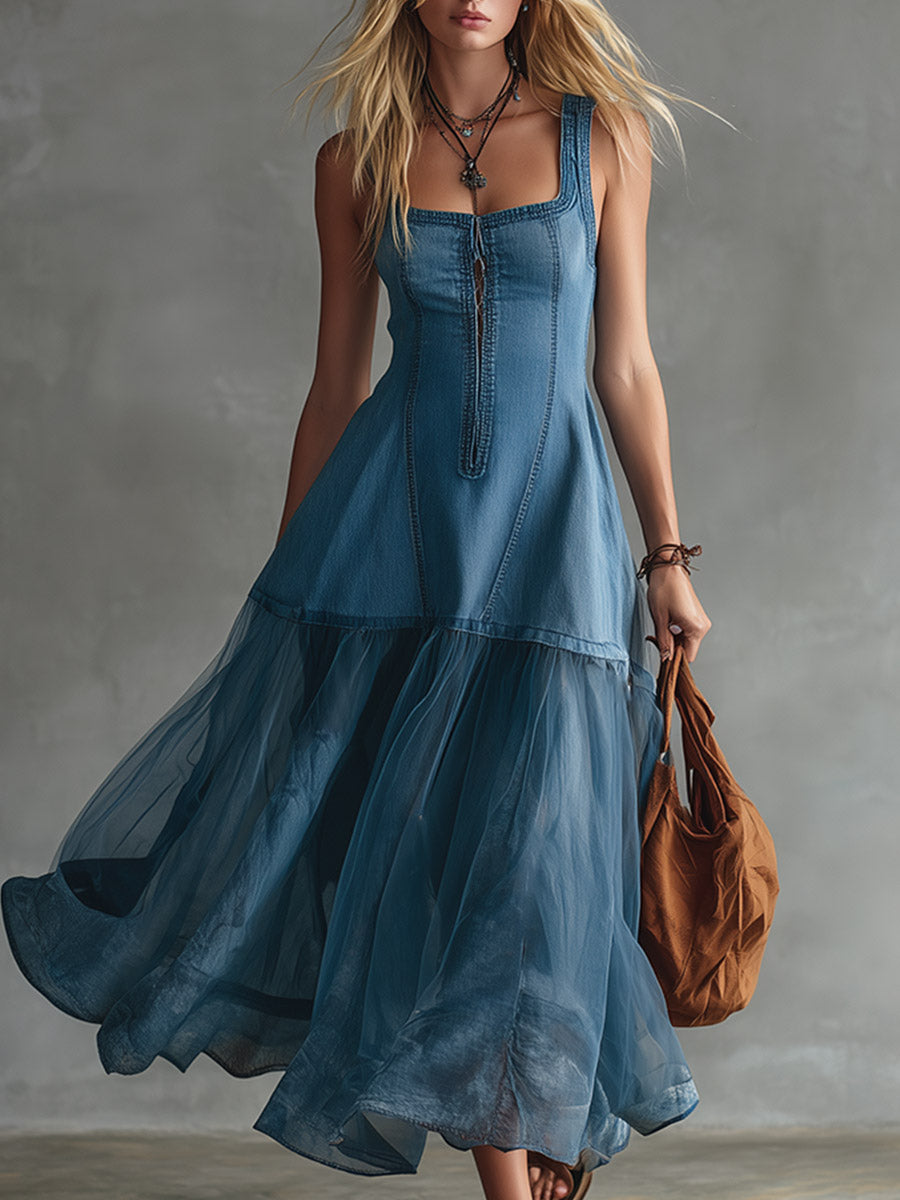 Vintage-Elegant Blue Denim And Tulle Patchwork Maxi Dress