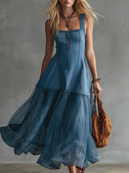 Vintage-Elegant Blue Denim And Tulle Patchwork Maxi Dress