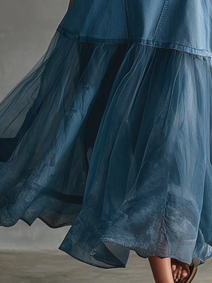 Vintage-Elegant Blue Denim And Tulle Patchwork Maxi Dress