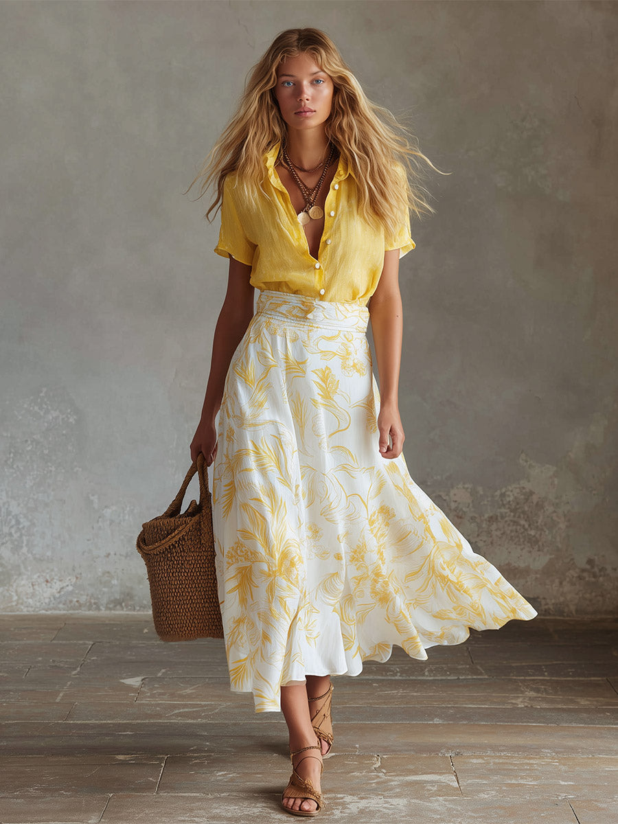 Elegant Summer Vacation Outfit Yellow Cotton-Linen T-Shirt &amp; Moon-Print Chiffon Skirt Set