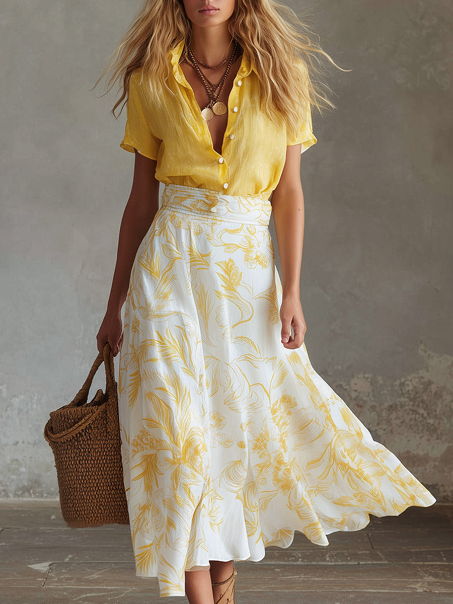 Elegant Summer Vacation Outfit Yellow Cotton-Linen T-Shirt &amp; Moon-Print Chiffon Skirt Set
