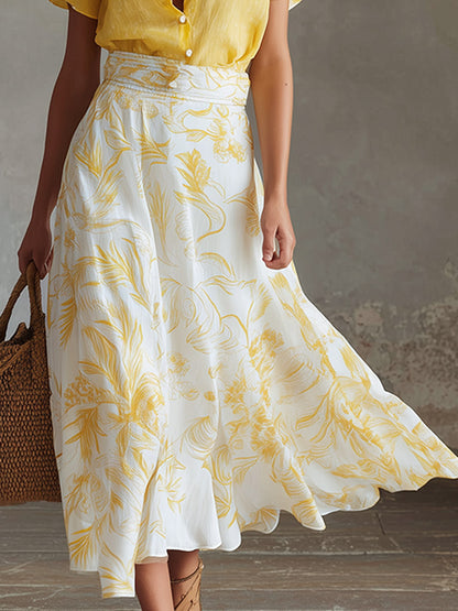 Elegant Summer Vacation Outfit Yellow Cotton-Linen T-Shirt &amp; Moon-Print Chiffon Skirt Set