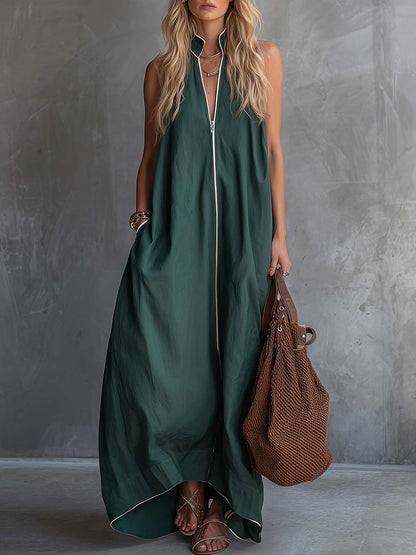 Ardin Forest Green Zip Front Maxi Dress Effortless Volume And Relaxed Elegance