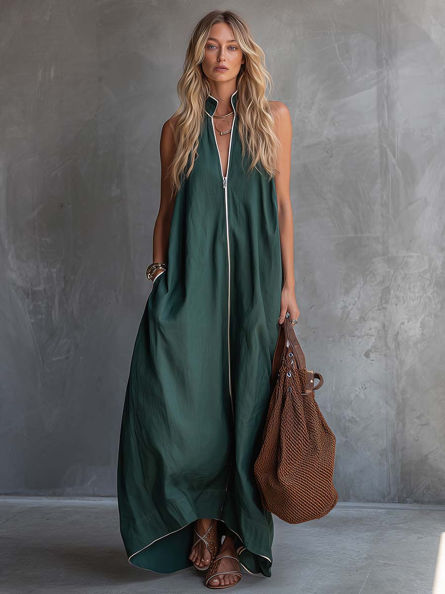 Ardin Forest Green Zip Front Maxi Dress Effortless Volume And Relaxed Elegance