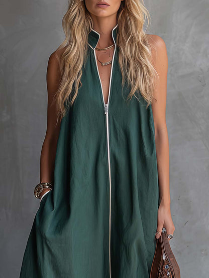 Ardin Forest Green Zip Front Maxi Dress Effortless Volume And Relaxed Elegance