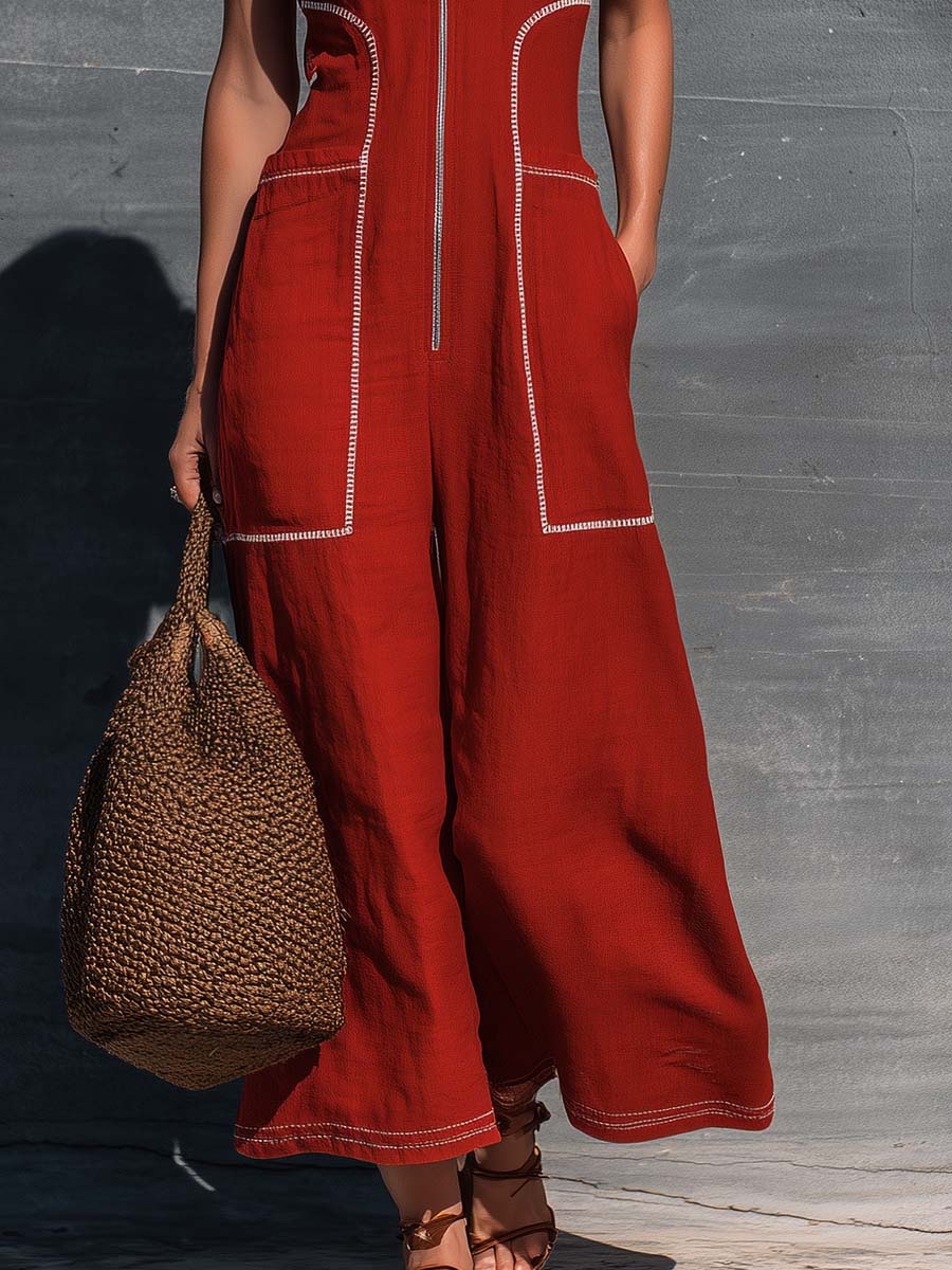 Sorella Terracotta Zip Front Jumpsuit Effortless Resort Glam