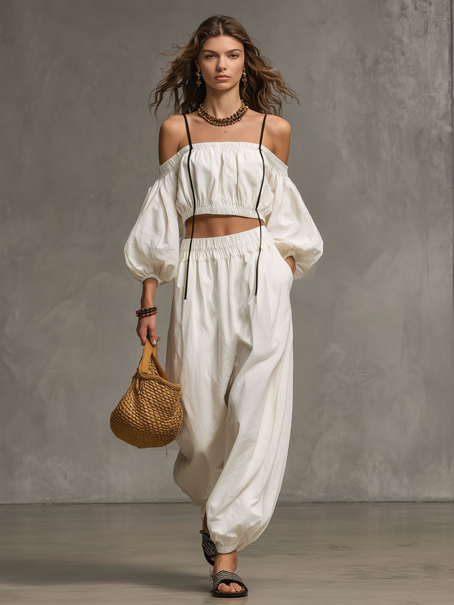 Casual Retro Thin-strapped Off-shoulder White Cotton Linen Top And Balloon Pants Set