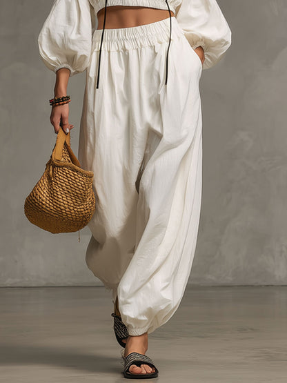 Casual Retro Thin-strapped Off-shoulder White Cotton Linen Top And Balloon Pants Set