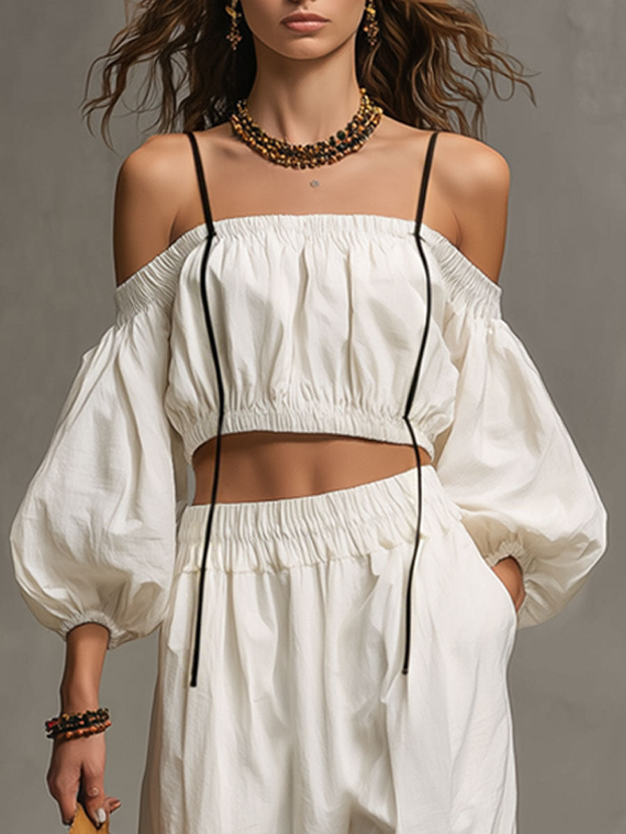 Casual Retro Thin-strapped Off-shoulder White Cotton Linen Top And Balloon Pants Set