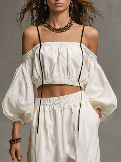 Casual Retro Thin-strapped Off-shoulder White Cotton Linen Top And Balloon Pants Set