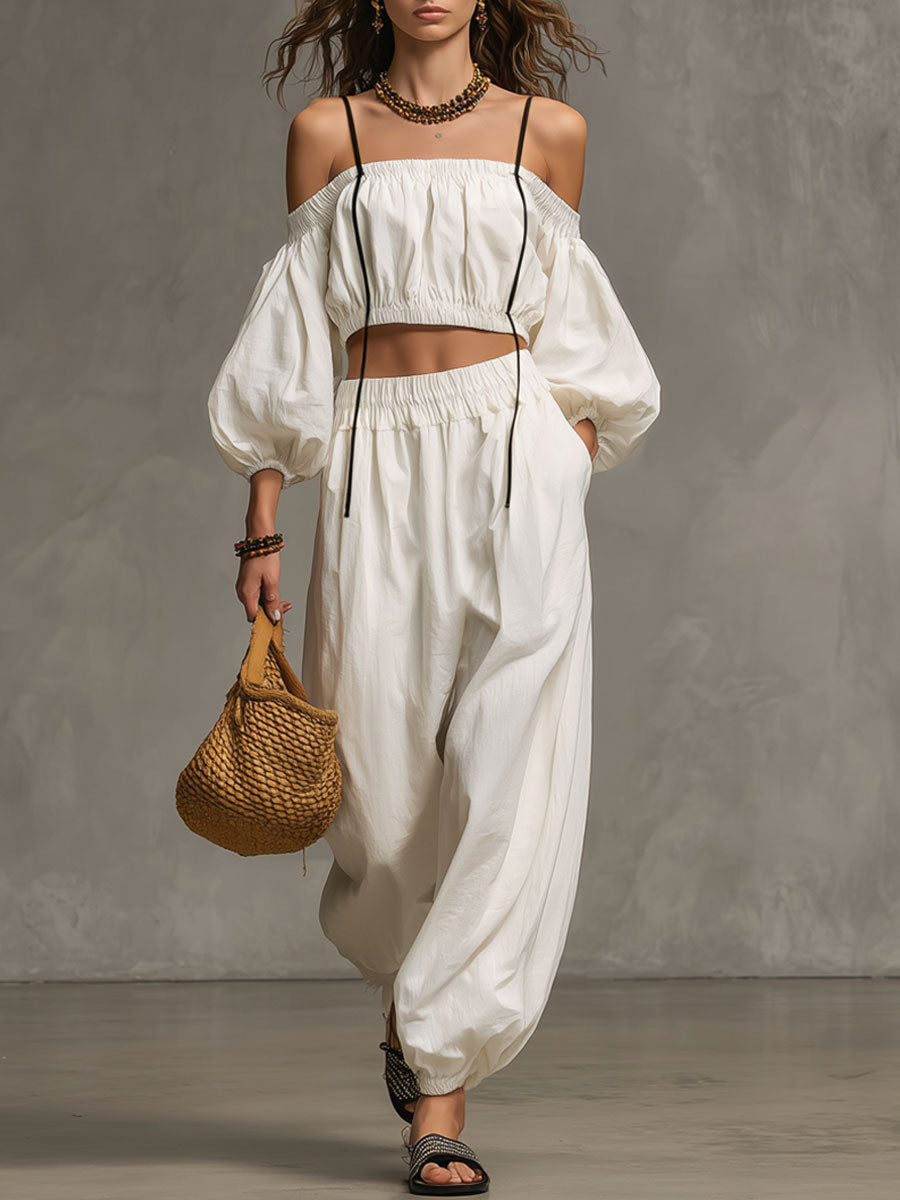Casual Retro Thin-strapped Off-shoulder White Cotton Linen Top And Balloon Pants Set