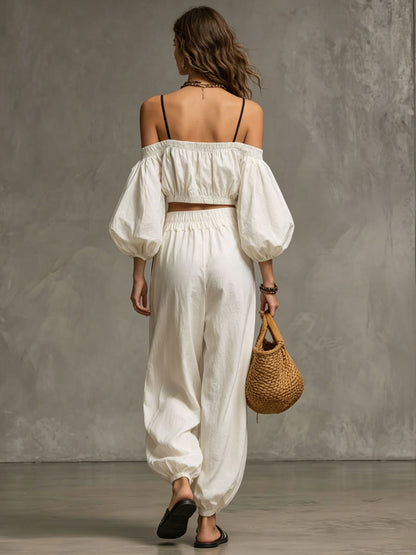 Casual Retro Thin-strapped Off-shoulder White Cotton Linen Top And Balloon Pants Set
