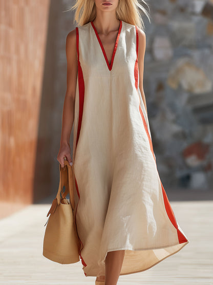 Casual Retro Red Ribbon Beige V-neck Sleeveless Cotton Linen Midi Dress