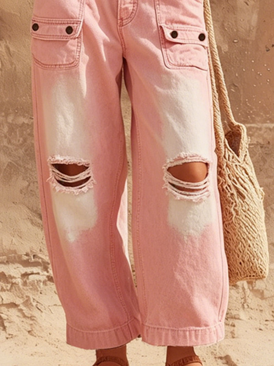 Retro Casual Pink Ripped Jeans