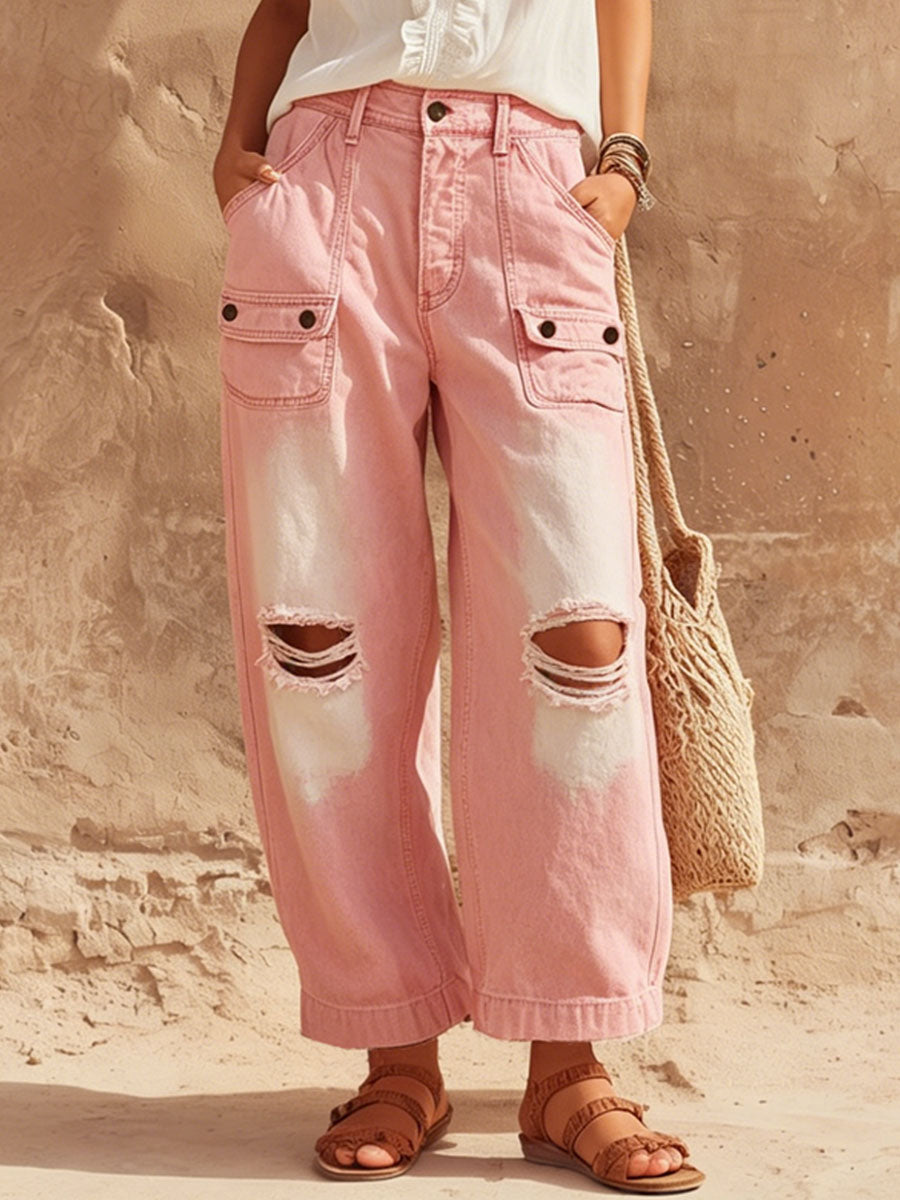 Retro Casual Pink Ripped Jeans