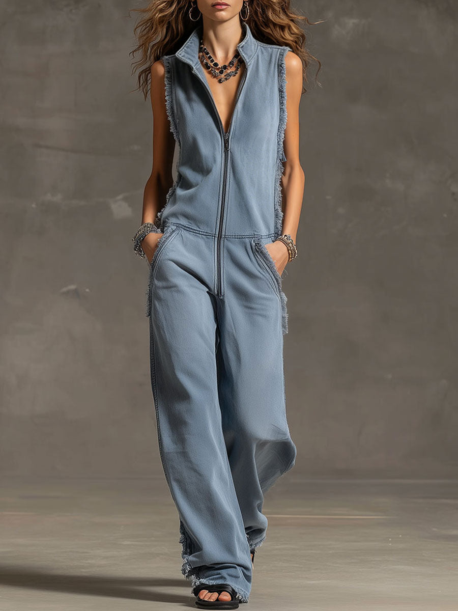 Fashionable Retro Blue-grey Denim Zipper Sleeveless Frayed Edge Jumpsuit