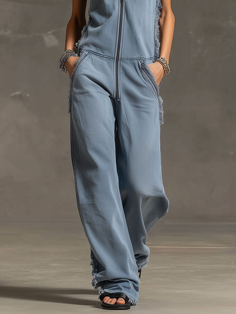 Fashionable Retro Blue-grey Denim Zipper Sleeveless Frayed Edge Jumpsuit