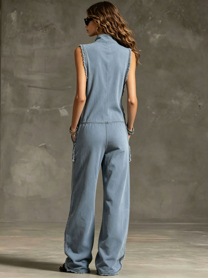 Fashionable Retro Blue-grey Denim Zipper Sleeveless Frayed Edge Jumpsuit