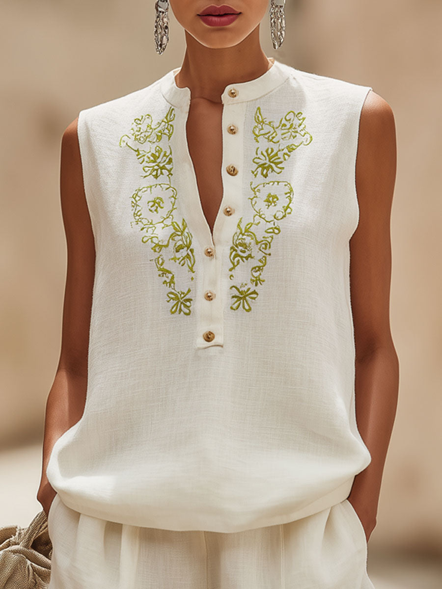 Retro Cotton And Linen Embroidered Sleeveless Top And Shorts Set