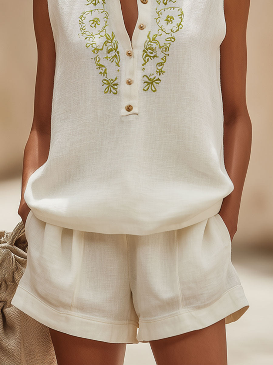 Retro Cotton And Linen Embroidered Sleeveless Top And Shorts Set