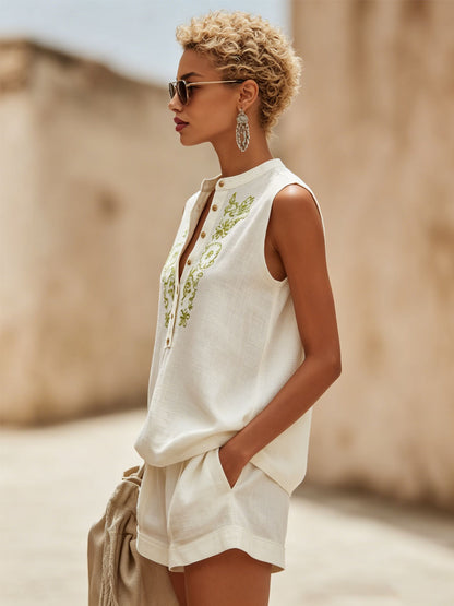 Retro Cotton And Linen Embroidered Sleeveless Top And Shorts Set