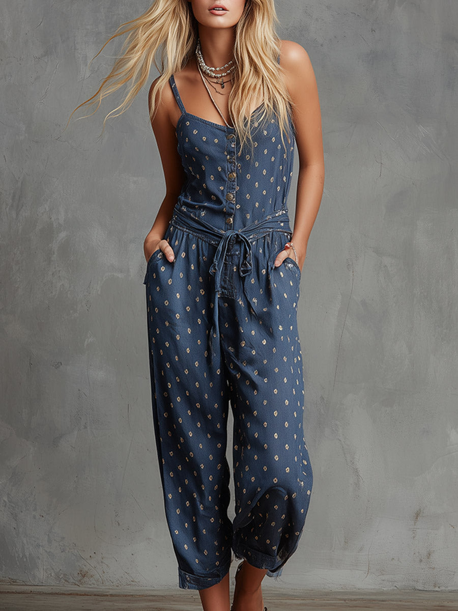 Retro Casual Blue Polka-Dot Denim Jumpsuit