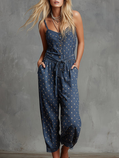 Retro Casual Blue Polka-Dot Denim Jumpsuit