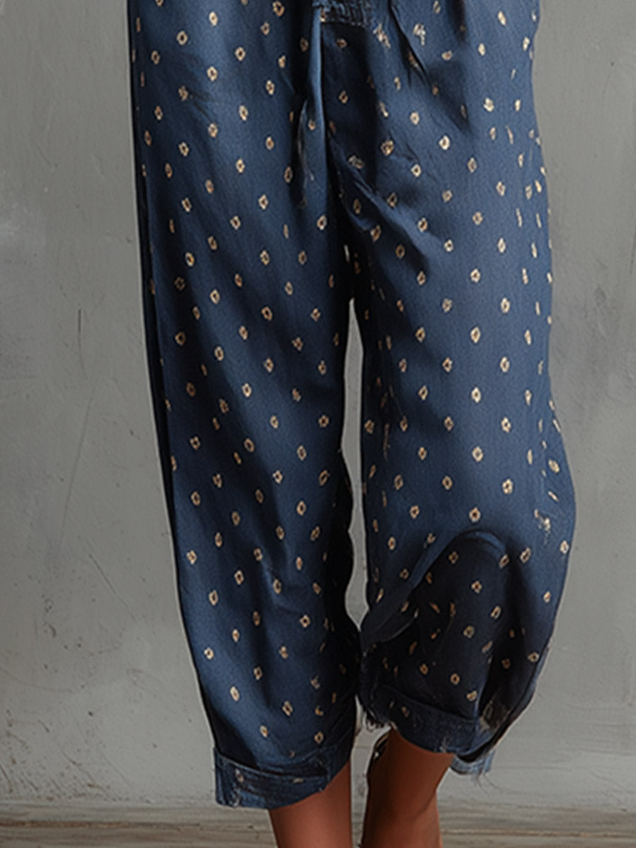 Retro Casual Blue Polka-Dot Denim Jumpsuit