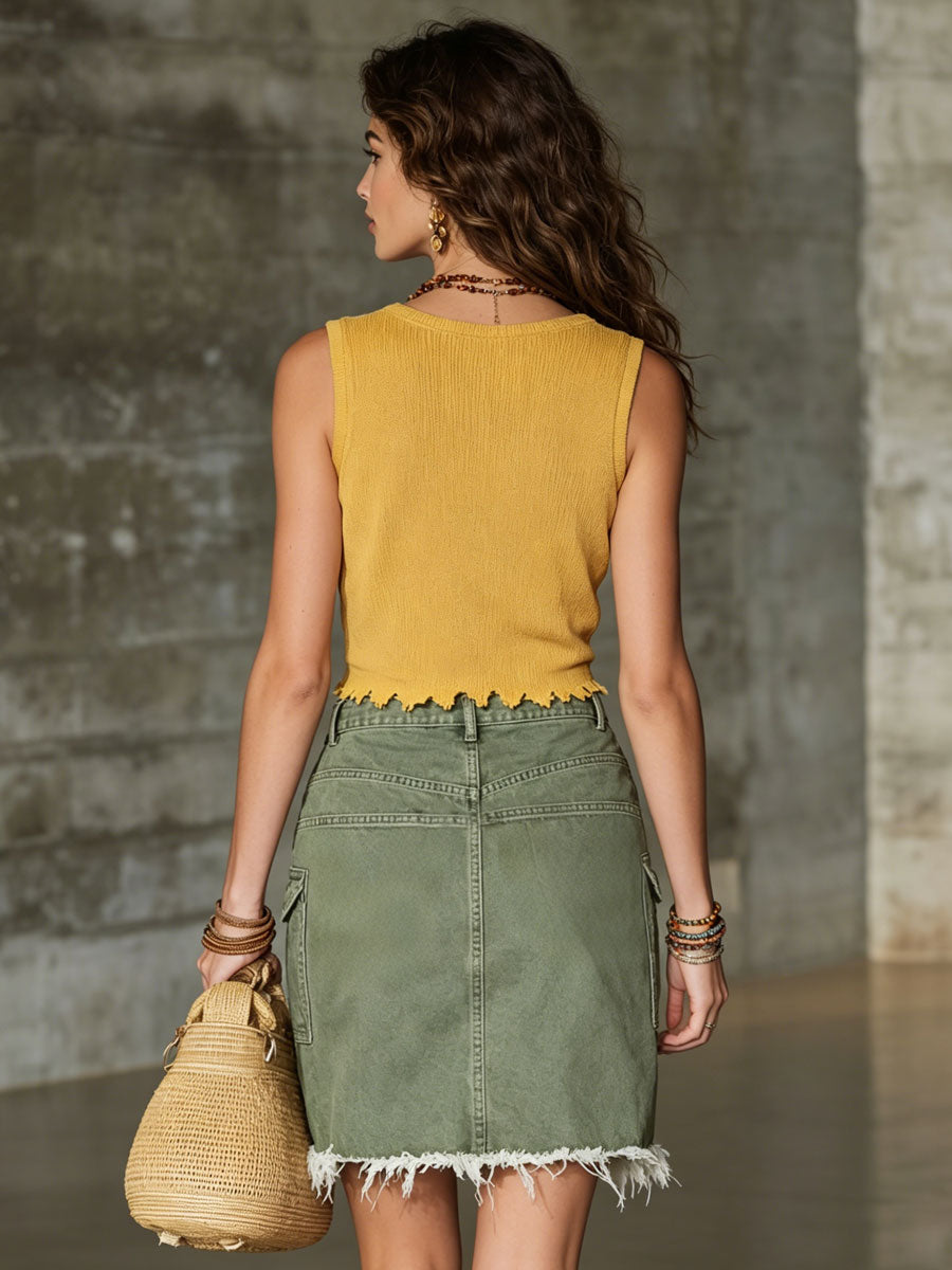 Casual Retro Yellow Knitted V-neck Irregular Frayed Sleeveless Top