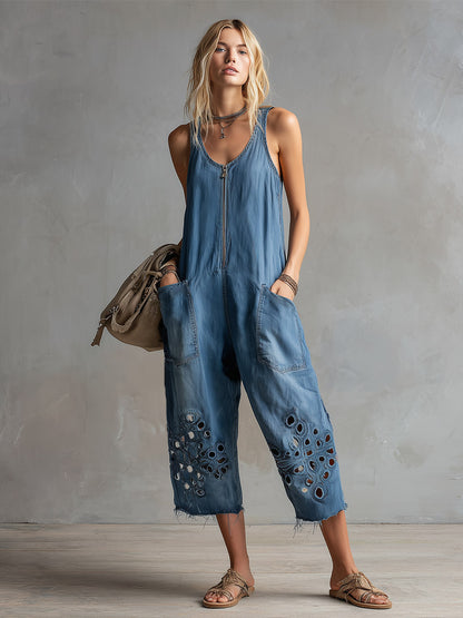 Retro-Casual Cutout Design Blue Denim Jumpsuit