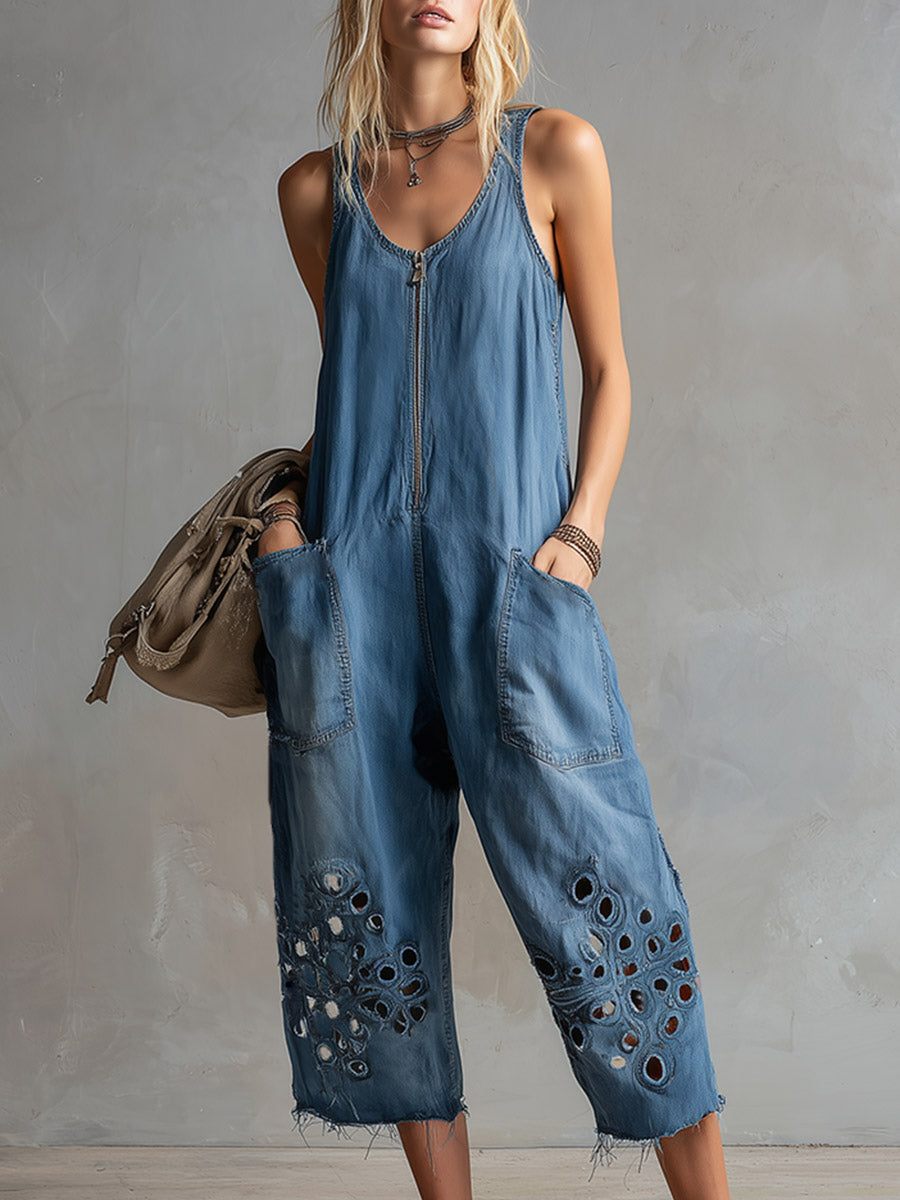 Retro-Casual Cutout Design Blue Denim Jumpsuit