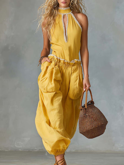 Soleil Sunflower Linen Lace Trim Set Romantic Resort Ease