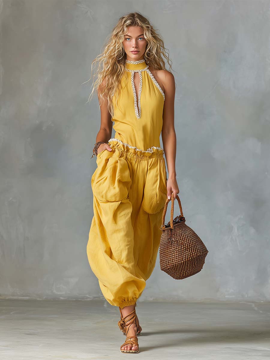 Soleil Sunflower Linen Lace Trim Set Romantic Resort Ease