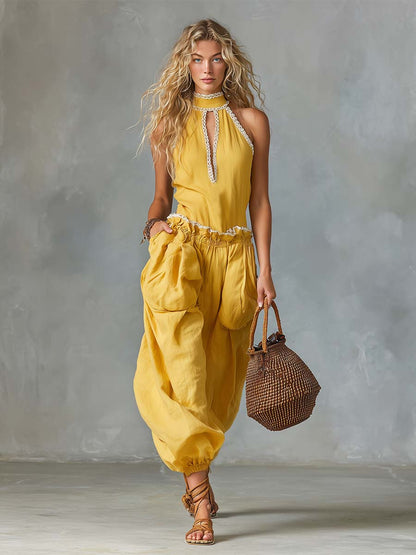Soleil Sunflower Linen Lace Trim Set Romantic Resort Ease