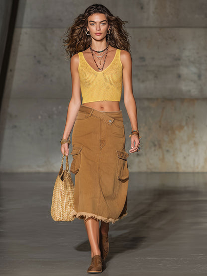 Casual Retro Camel Denim Frayed Edge 3D Pocket Skirt
