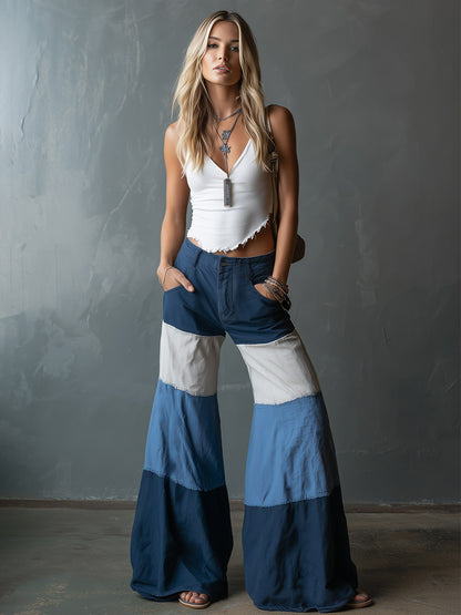 Stylish Color-Block White &amp; Blue Cotton Wide-Leg Flared Pants