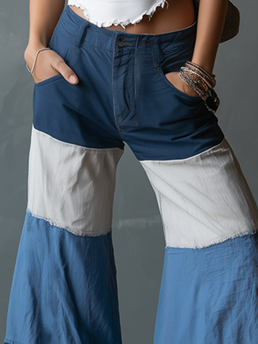 Stylish Color-Block White &amp; Blue Cotton Wide-Leg Flared Pants