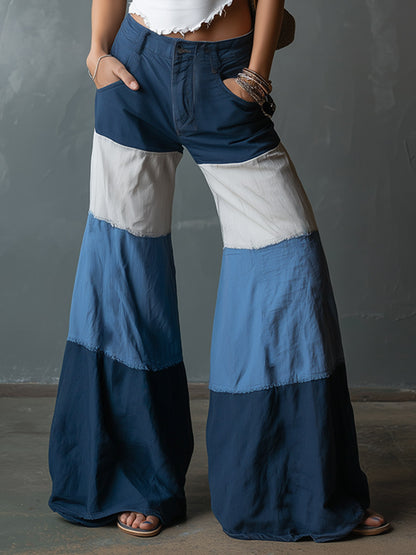 Stylish Color-Block White &amp; Blue Cotton Wide-Leg Flared Pants
