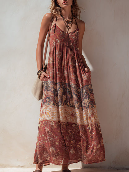Retro Bohemian-Style Reddish-Brown Printed Chiffon Maxi Dress