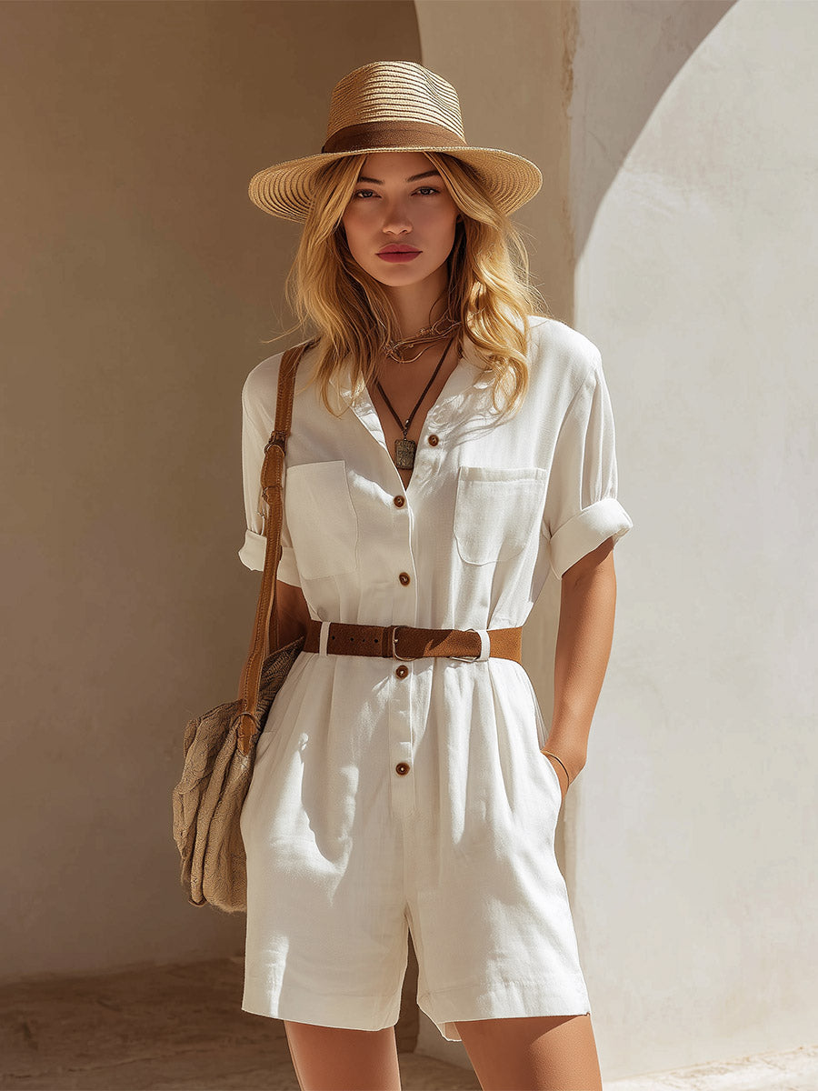 Elegant "Old Money" Style White Cotton-Linen Short-Sleeve Jumpsuit