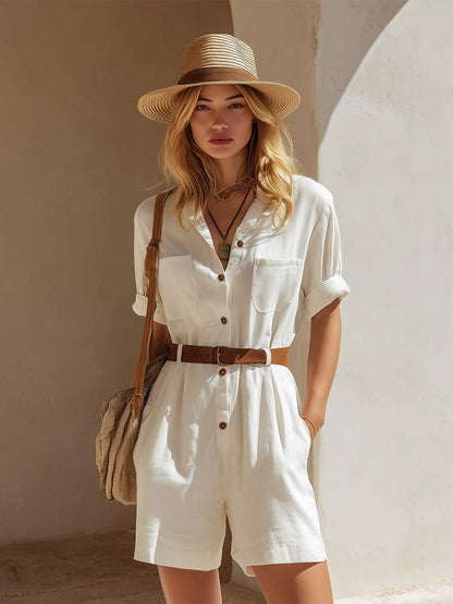 Elegant "Old Money" Style White Cotton-Linen Short-Sleeve Jumpsuit