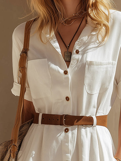 Elegant "Old Money" Style White Cotton-Linen Short-Sleeve Jumpsuit