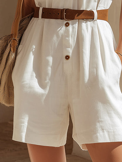 Elegant "Old Money" Style White Cotton-Linen Short-Sleeve Jumpsuit