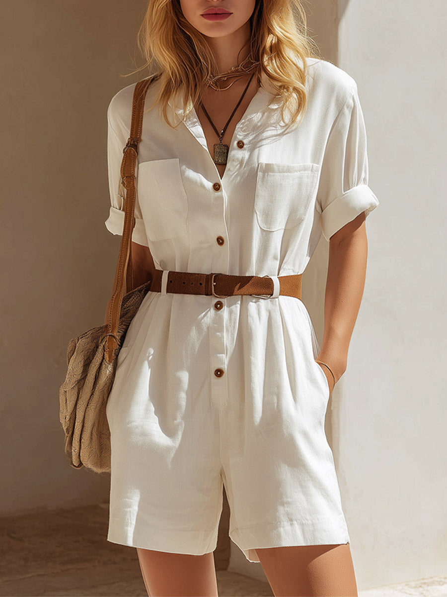 Elegant "Old Money" Style White Cotton-Linen Short-Sleeve Jumpsuit